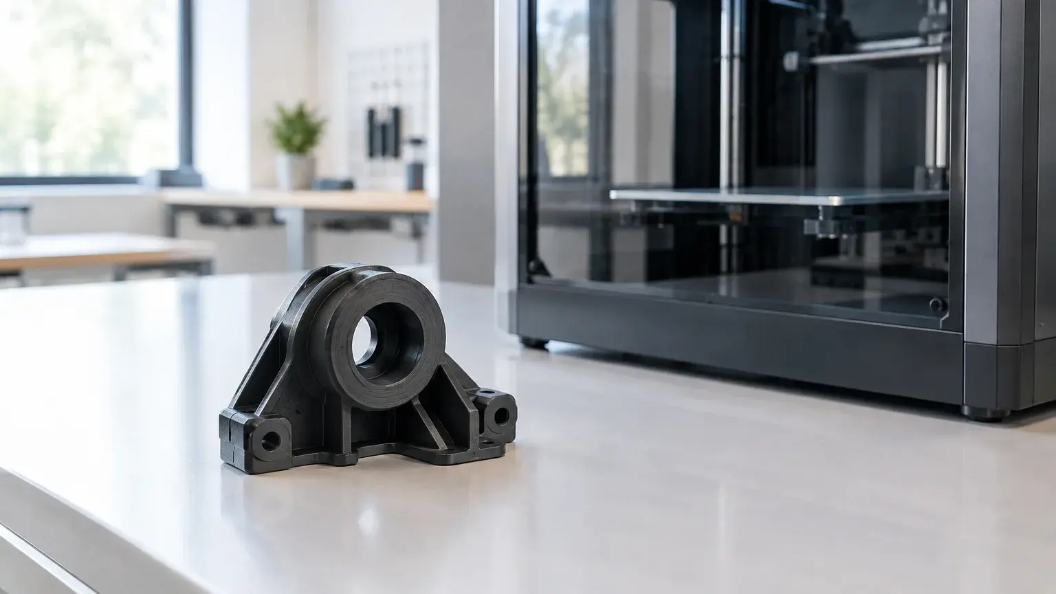 Composant de rechange placé près d’une imprimante 3D professionnelle