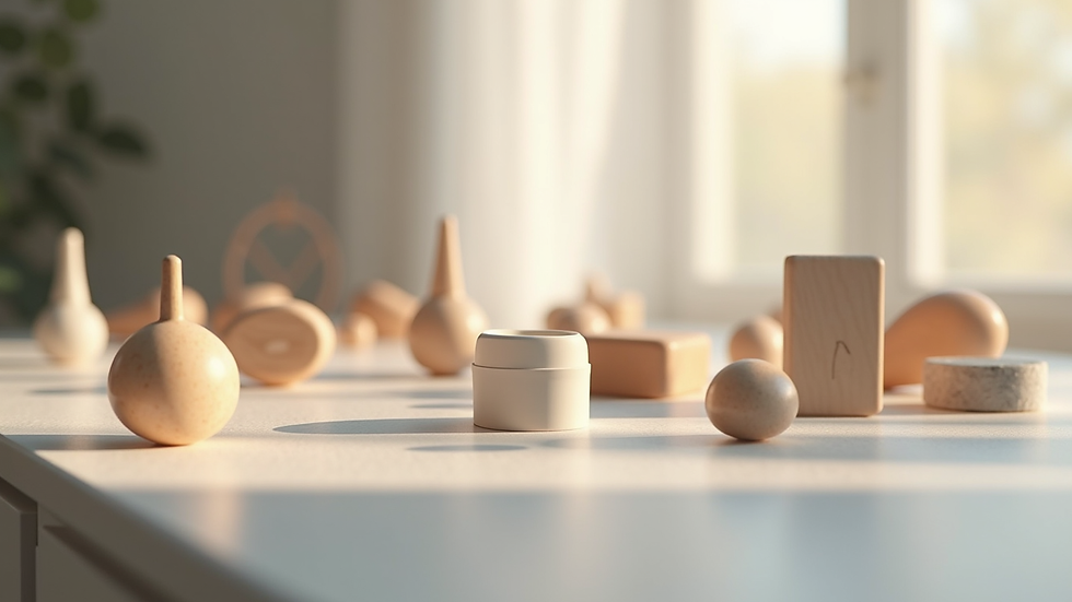 Vue en plongée d'une collection d'objets imprimés en 3D sur une table