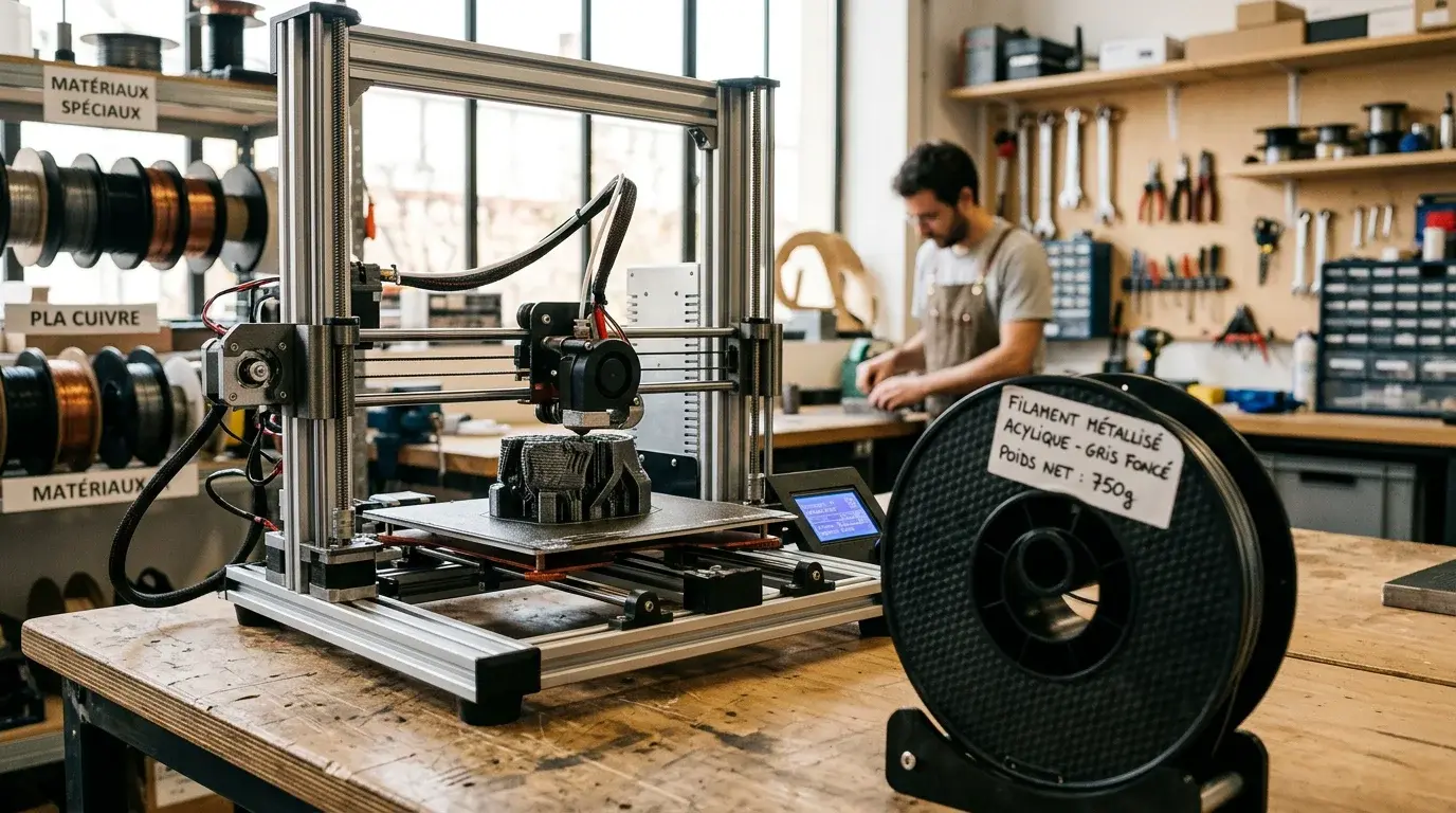 Imprimante 3D FDM de bureau imprimant une pièce en filament métal dans un atelier