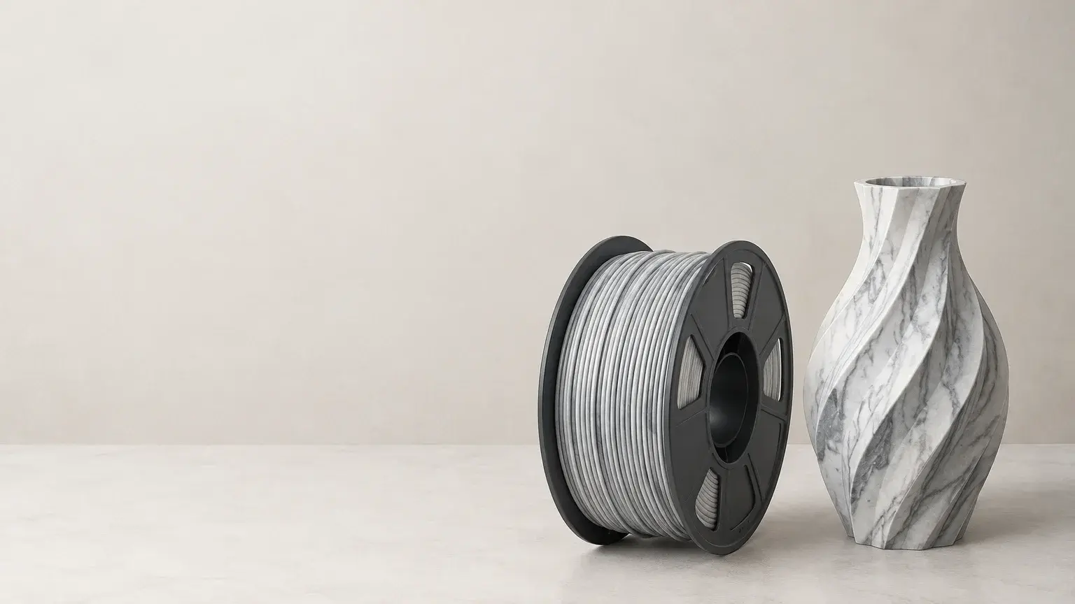 Bobine de filament PLA marbré près d’un vase imprimé en 3D à l’aspect pierre