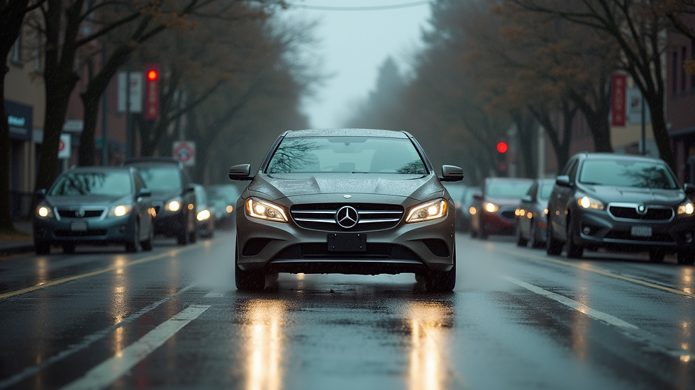 High angle view of a car driving on a wet Bellevue street