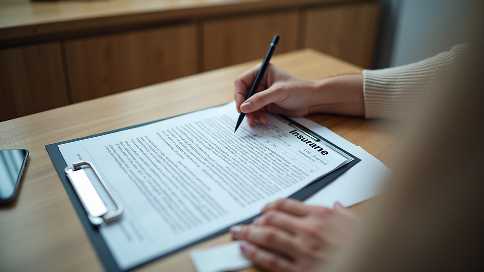 High angle view of a person reviewing insurance documents at a kitchen table