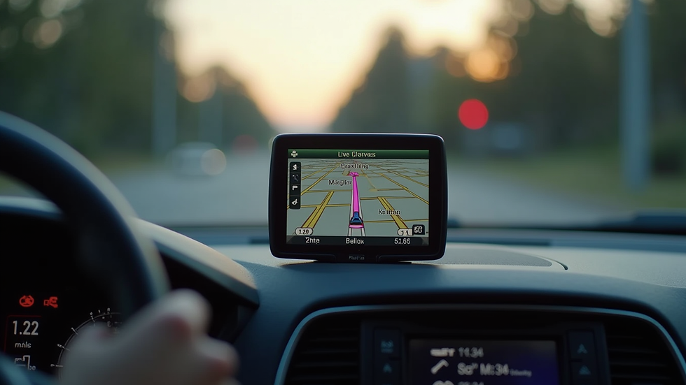 Close-up view of a car dashboard with GPS navigation showing Bellevue streets