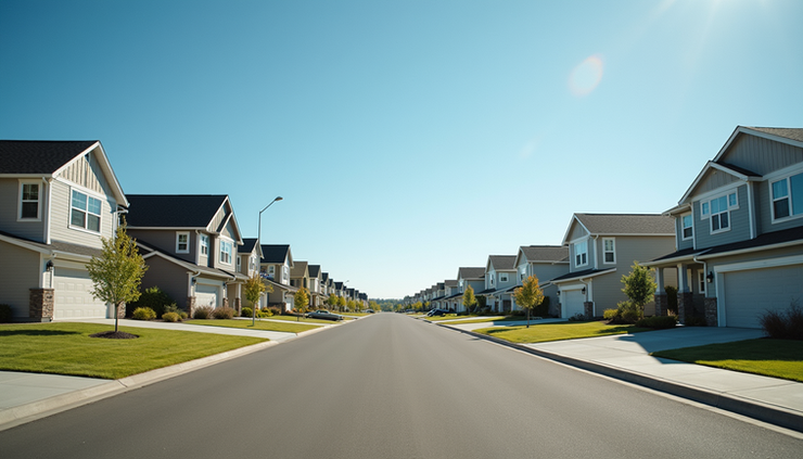 Eye-level view of a suburban Washington neighborhood with modern homes and clear skies