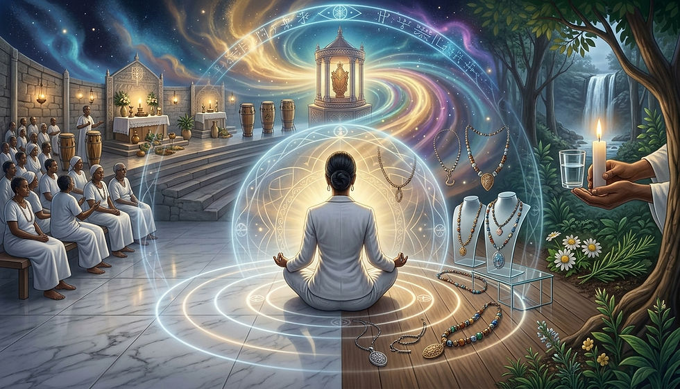 Ilustração em estilo realista de um médium em meditação no terreiro de Umbanda cercado por escudos de luz, guias de proteção, altar e elementos da natureza