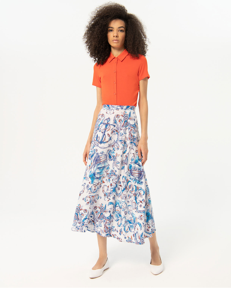 Falda larga con vuelo estampada Azul