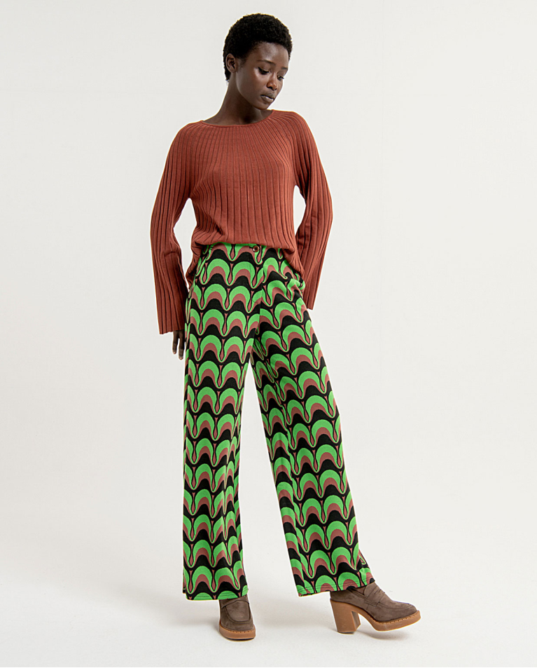 Miniatura: Pantalón largo ancho elástico y estampado Verde