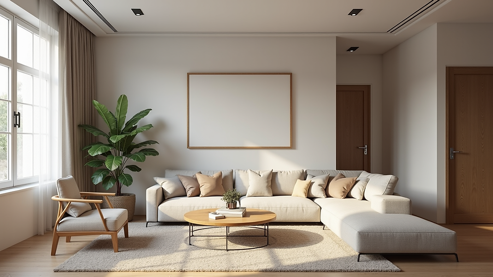 Wide angle view of a beautifully renovated living room