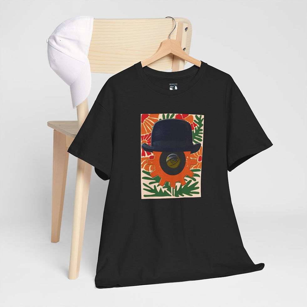 Thumbnail: Black clockwork orange tshirt with floral hat design, indiemusictees
