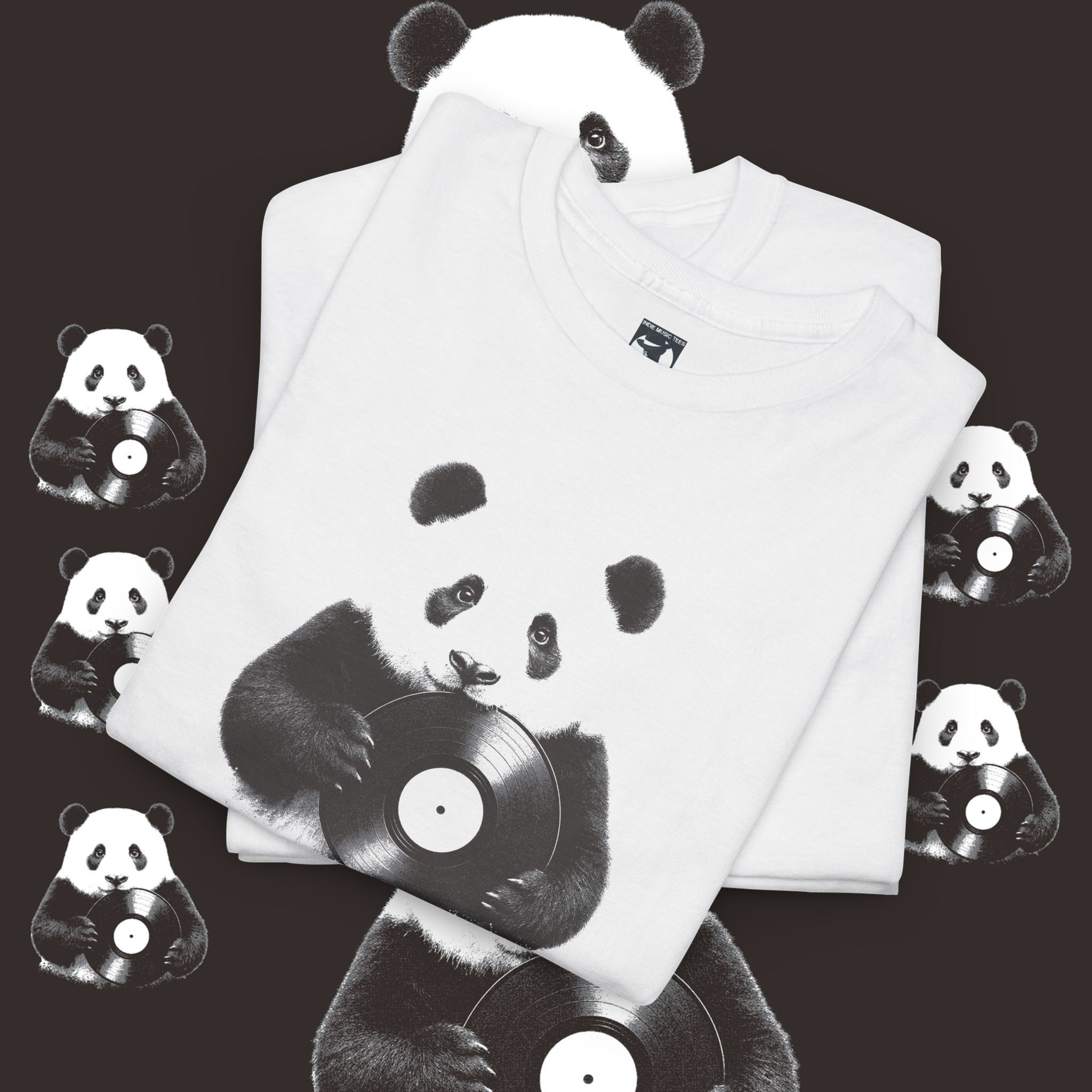White t-shirts with panda design and record graphic, indiemusictees apparel.