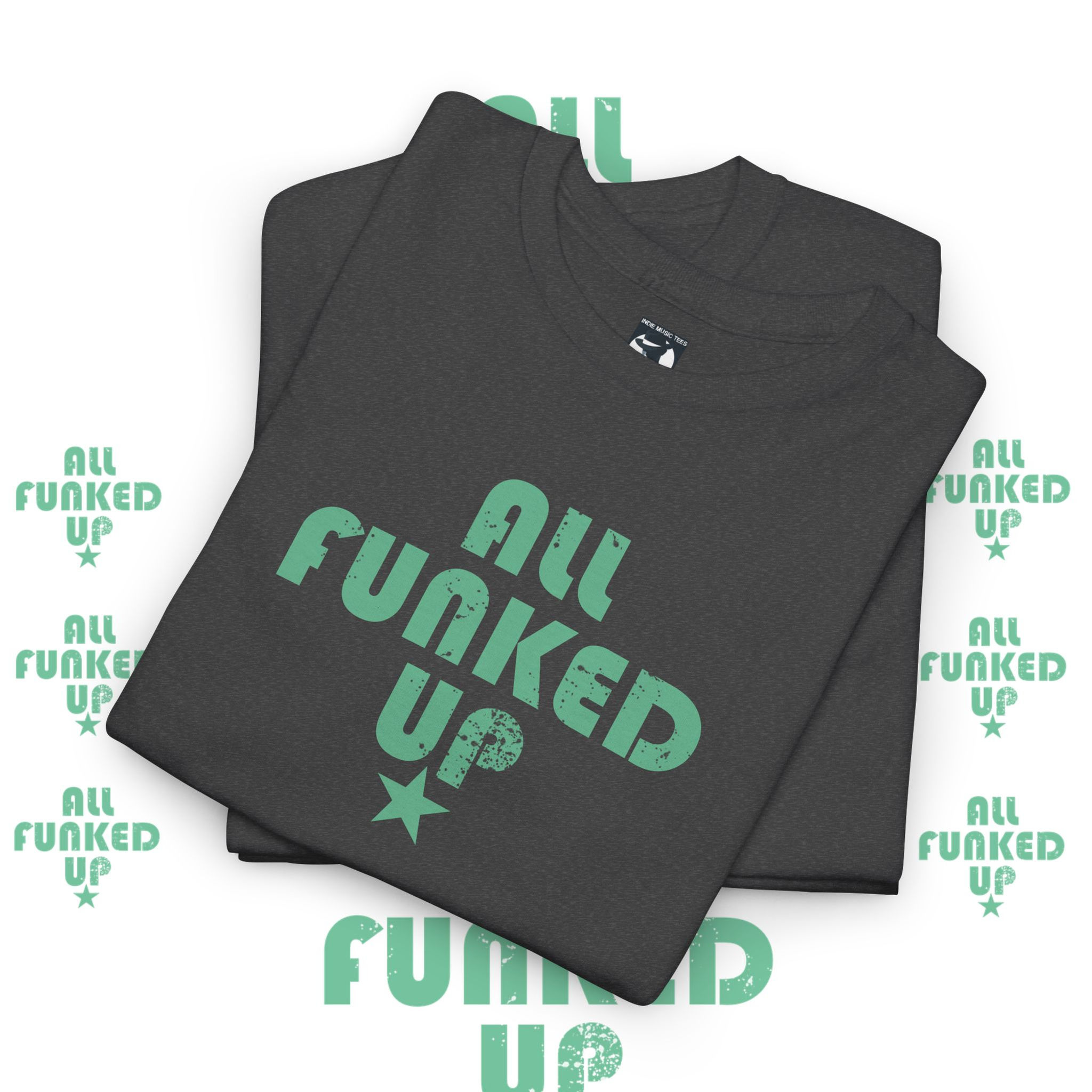 Folded black tshirt with "ALL FUNKED UP" text and star graphic, indiemusictees.