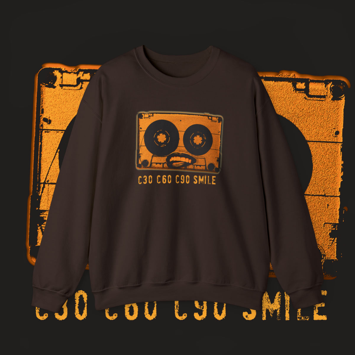 Brown sweatshirt with a cassette tape graphic that says,