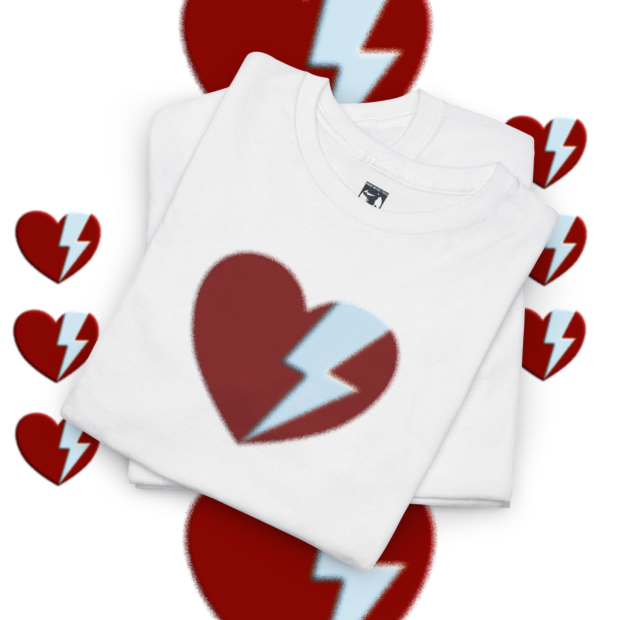 White t-shirts with heart and lightning bolt graphic. Blood Sweat & Beers - Unisex tshirt.