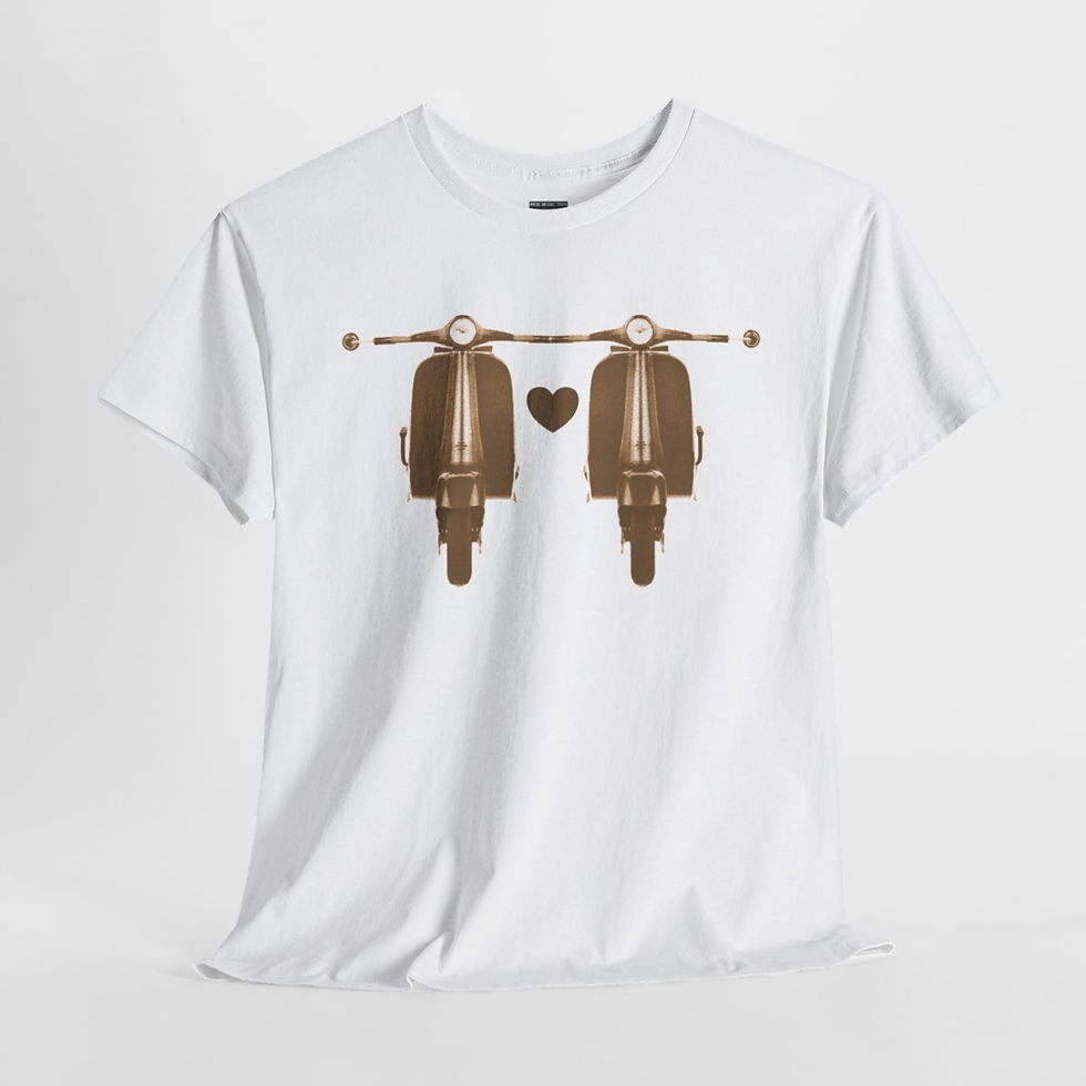 Thumbnail: White t-shirt with two brown scooters and a heart. Scooter Love Unisex tshirt. mod scooter tshirt