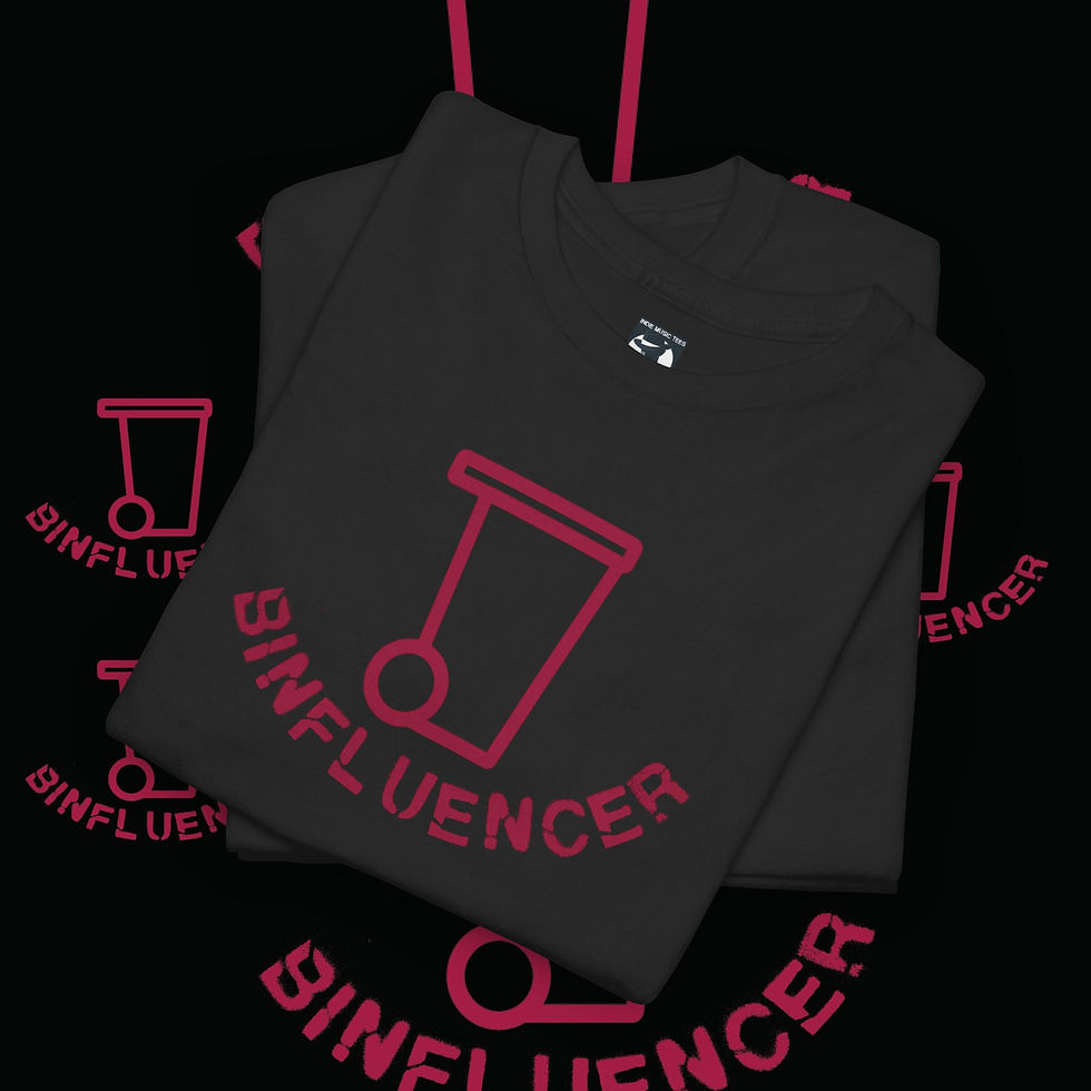 Thumbnail: Black Binfluencer tshirt with red logo and text, indiemusictees. A Porky Prime Cut tshirt.