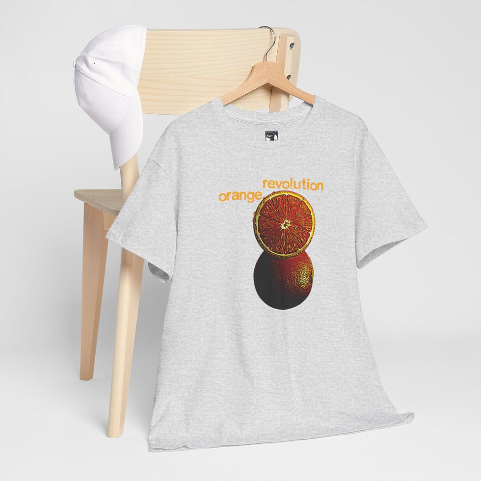 Thumbnail: Gray t-shirt with orange design, Life's An illusion Unisex tshirt, hanging on wooden chair.