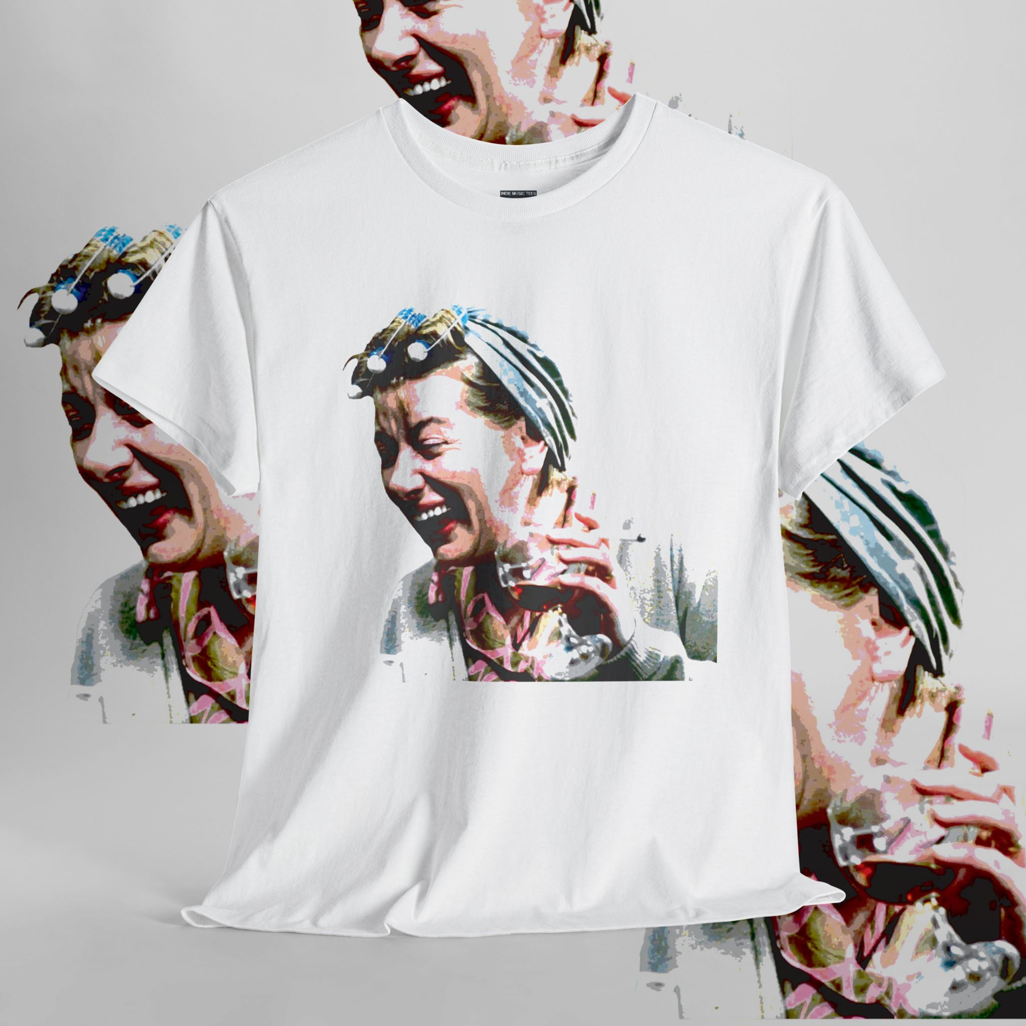 White t-shirt with laughing woman graphic, Fancy Things Mean Nothing Unisex tshirt. indiemusictees