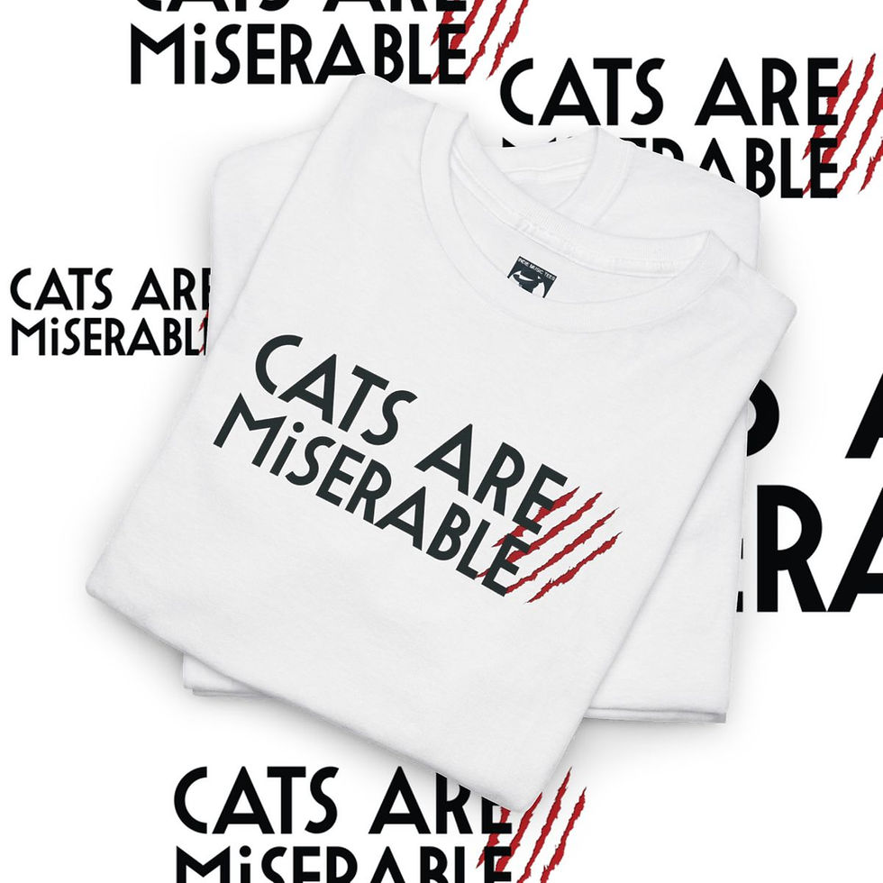 Thumbnail: White t-shirt with "CATS ARE MISERABLE" text logo, studio shot, indiemusictees.
