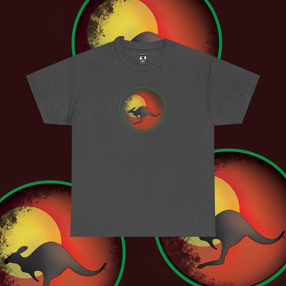 Thumbnail: Gray t-shirt with kangaroo logo. Australian theme. indiemusictees in design.