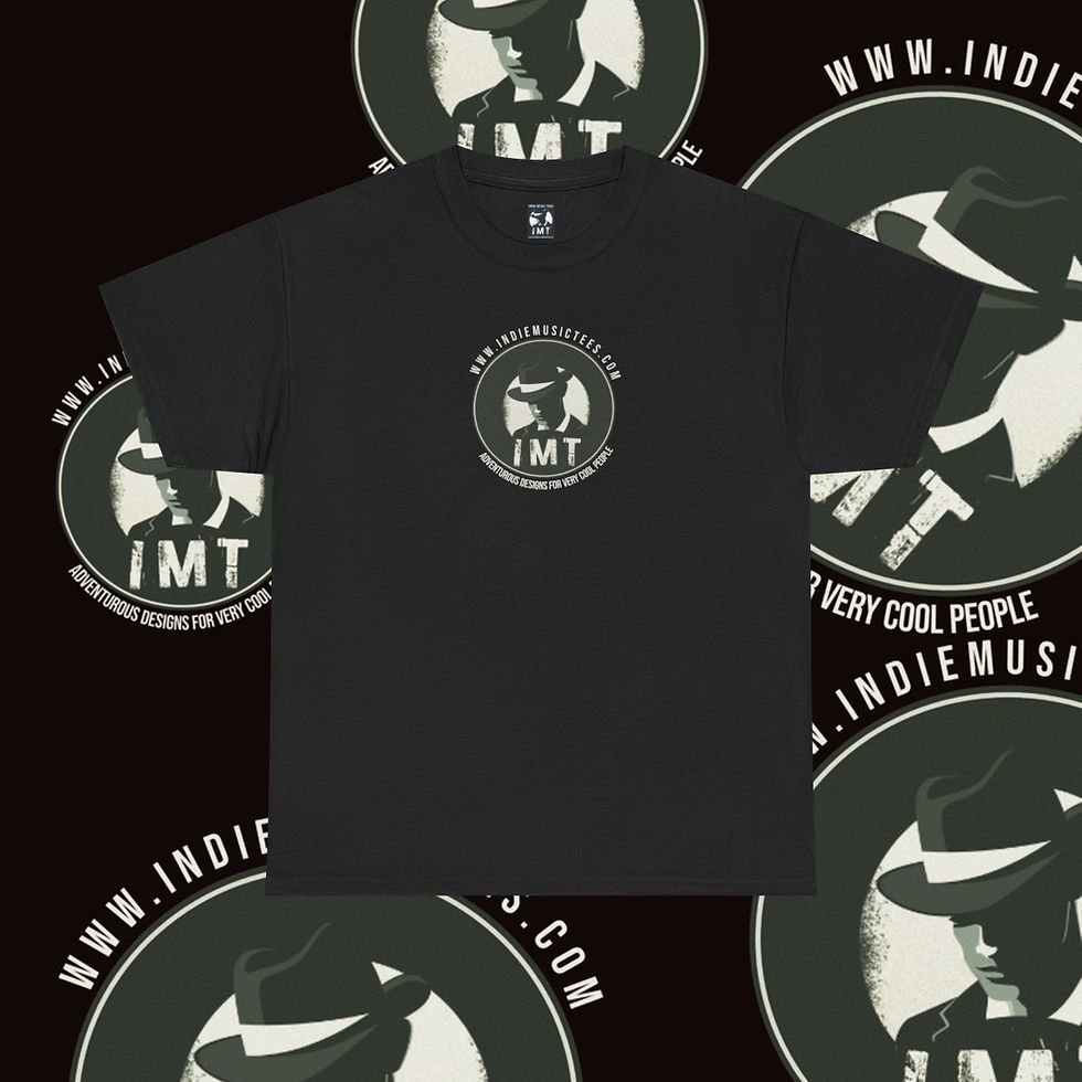 Thumbnail: Black IMT logo t-shirt. WWW.INDIEMUSICTEES.COM and IMT design. indiemusictees