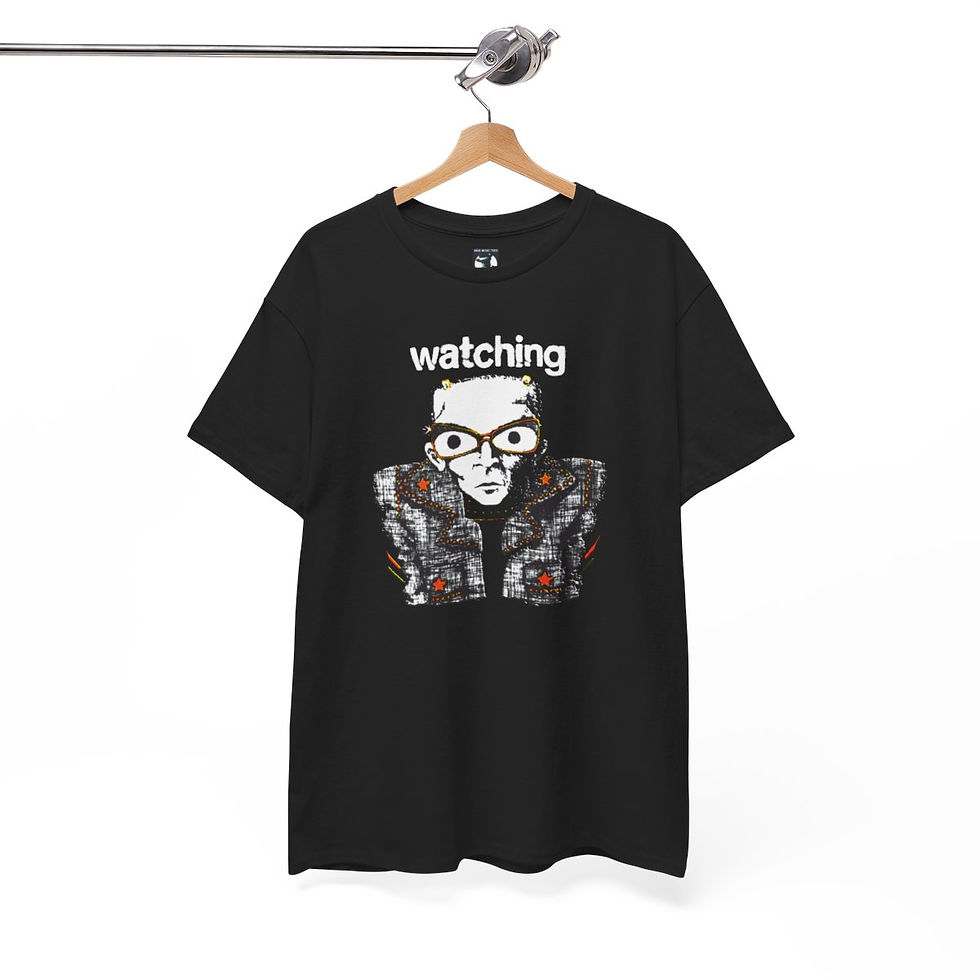 Thumbnail: Black tshirt with the word watching and graphic indiemusictees logo design.
