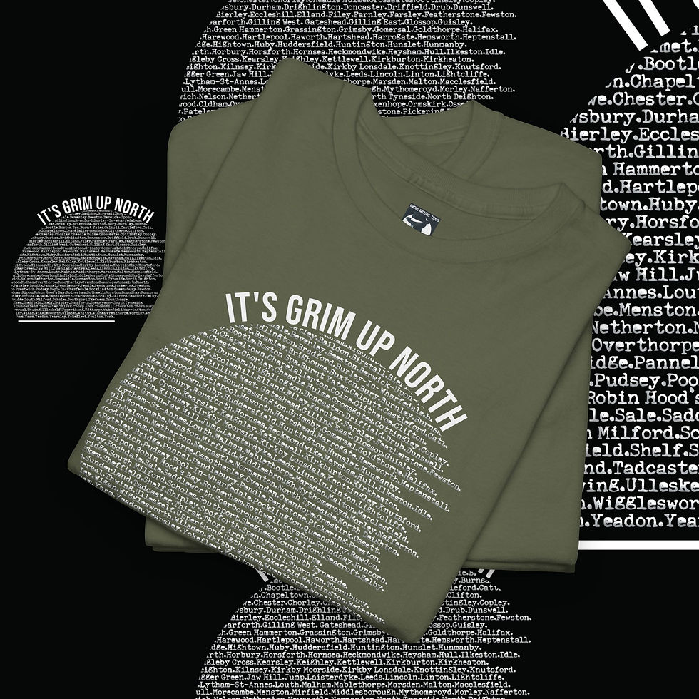 Thumbnail: Green shirt says, "IT'S GRIM UP NORTH" 1976 Unisex Premium Long Sleeved tshirt. indiemusictees