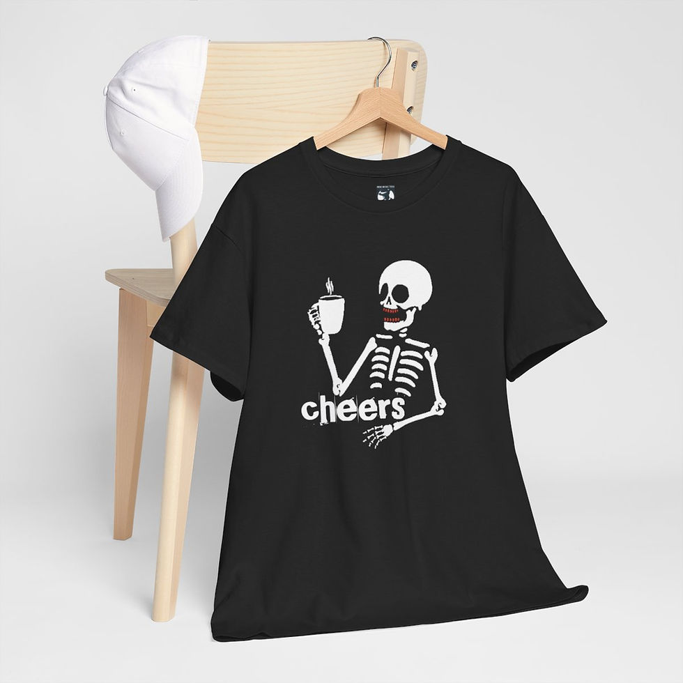 Thumbnail: Skeleton cheers with coffee, black t-shirt says cheers, Cameras Never Lie Unisex tshirt. indiemusictees