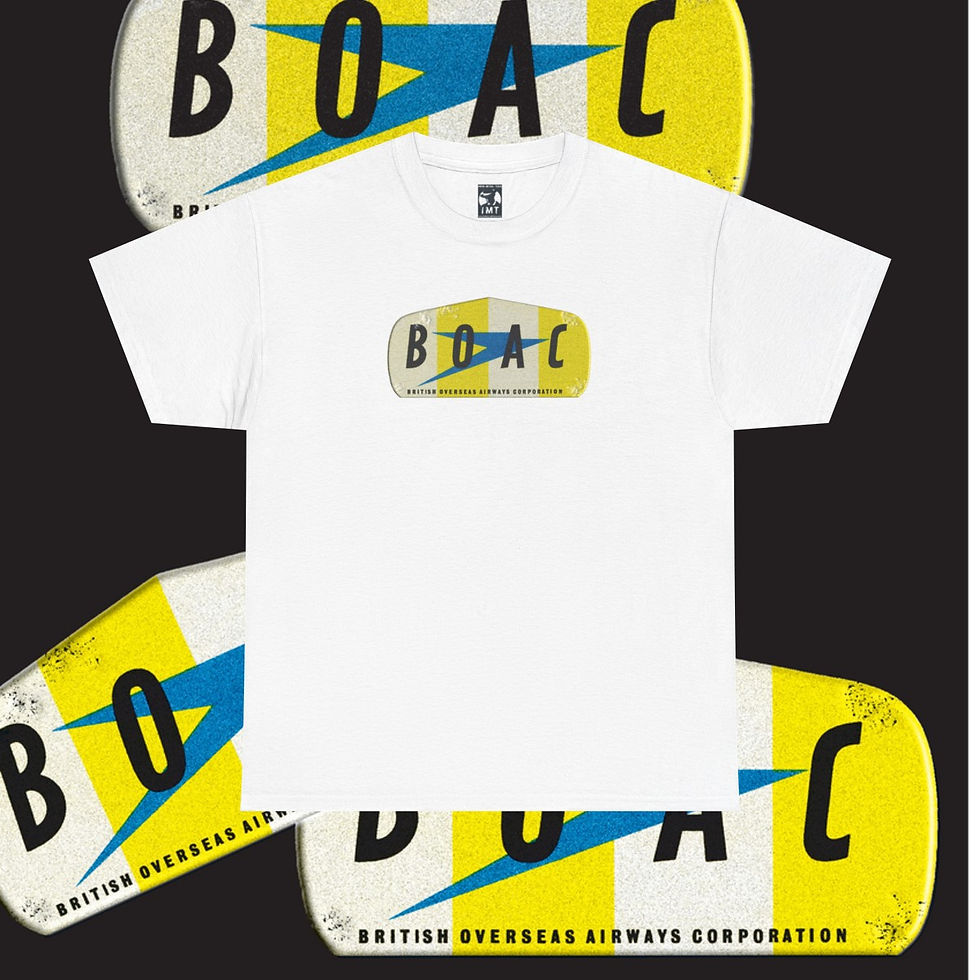 Thumbnail: White t-shirt with BOAC text and logo, indiemusictees British Overseas Airways Corporation.