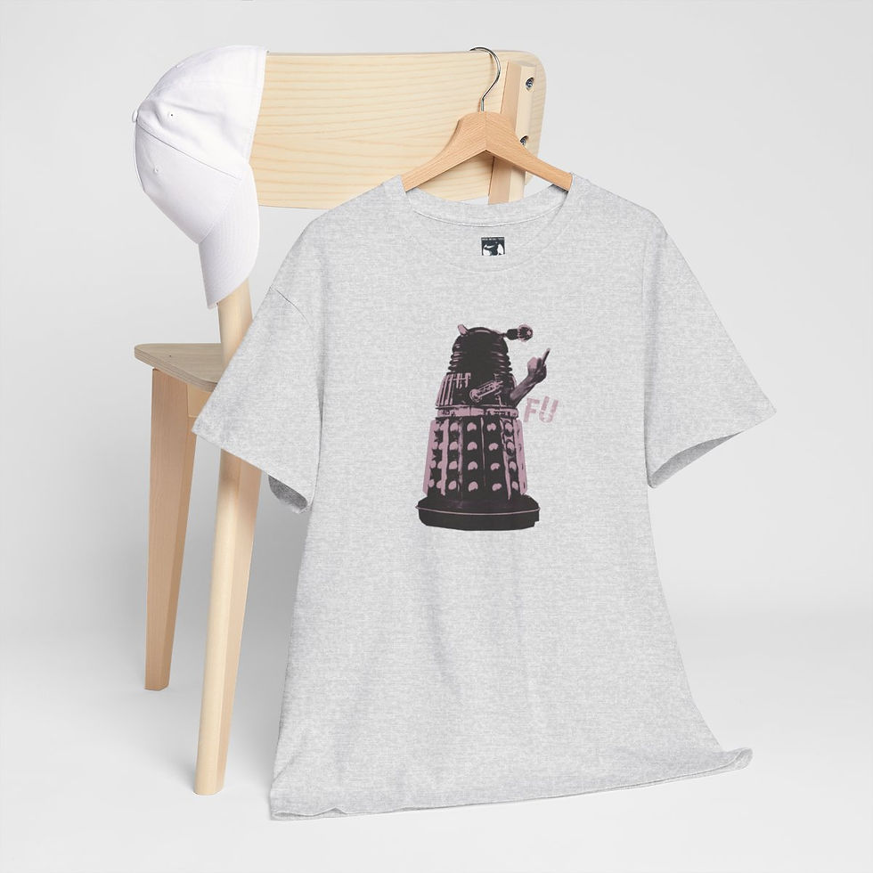 Thumbnail: Dalek design on gray t-shirt hanging on hanger in front of chair. indiemusictees