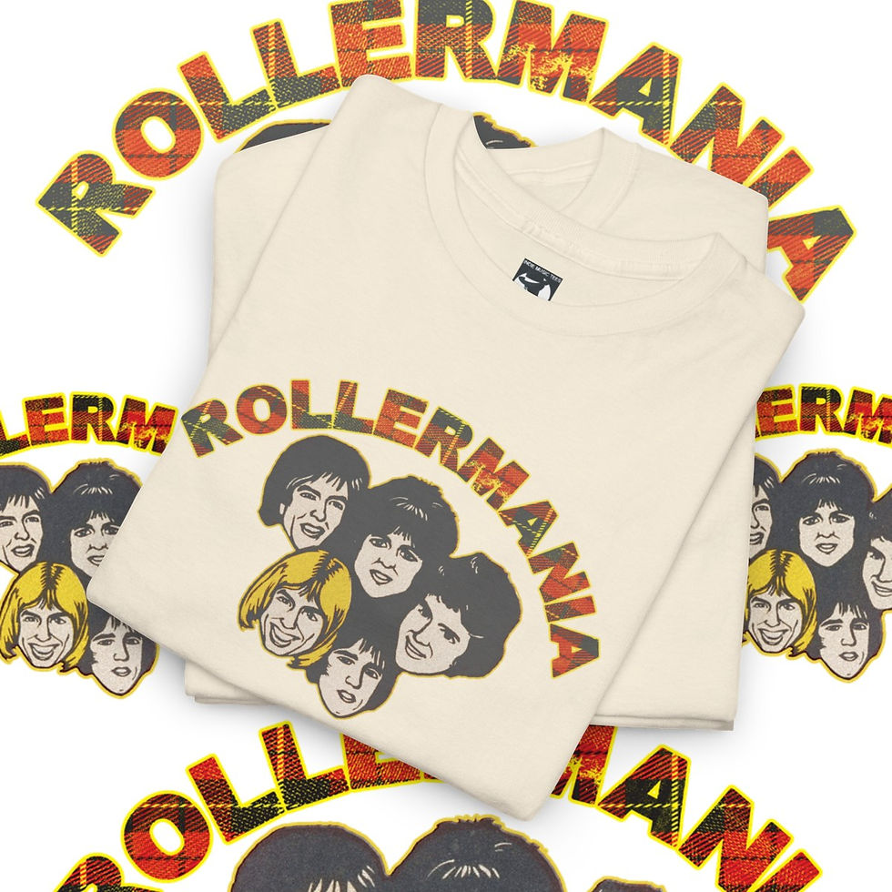 Thumbnail: Rollermania vintage tee shirt; cream t-shirt with band and text. indiemusictees.