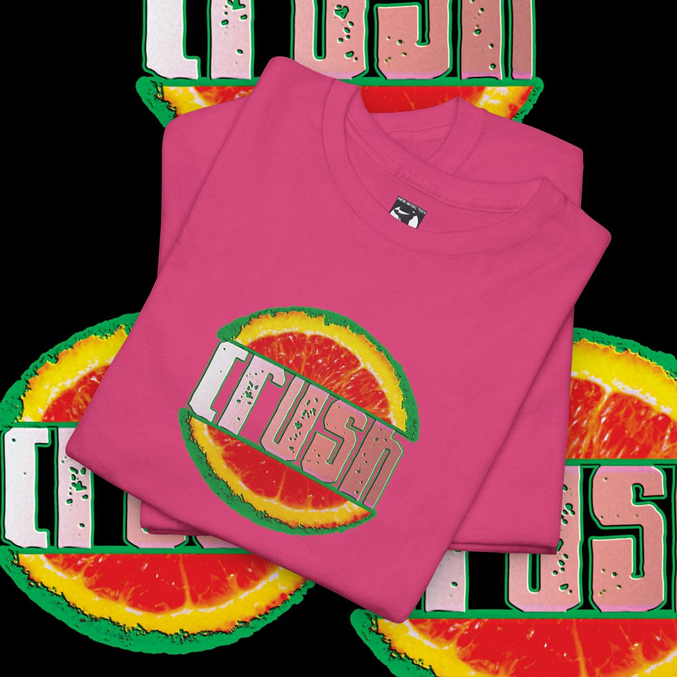 Thumbnail: Pink CRUSH t-shirt, indiemusictees. Graphic tee with citrus fruit and logo design.