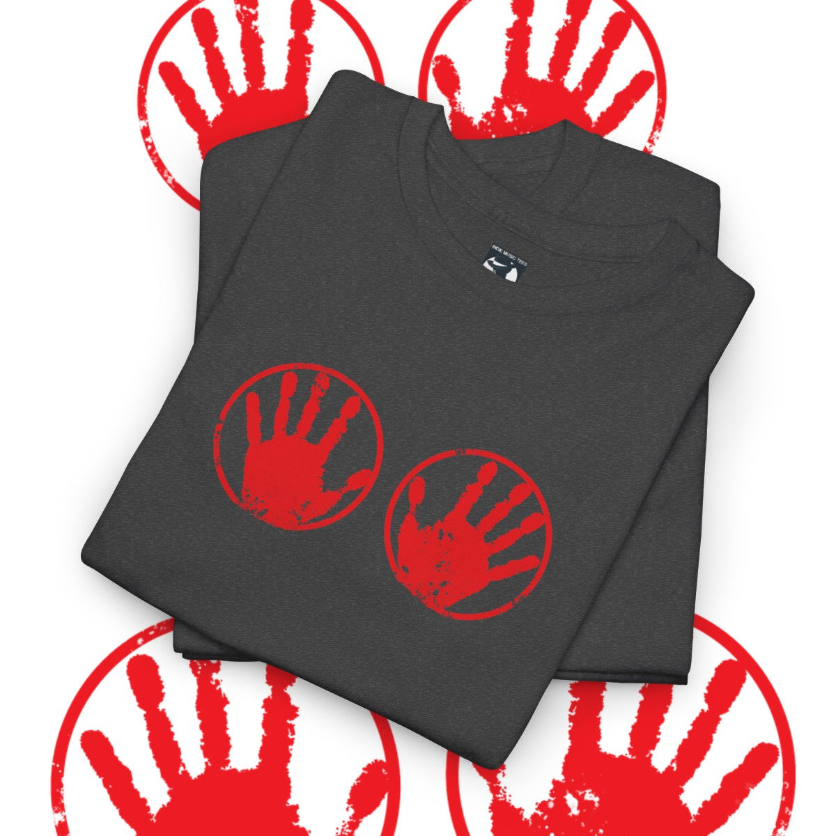 Black T-shirt with two red hand prints. Orange Hands Unisex tshirt. indiemusictees