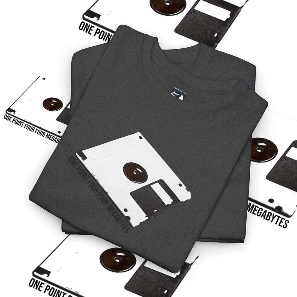 Thumbnail: Gray t-shirt with a floppy disk graphic, One Point Four Megabytes. indiemusictees