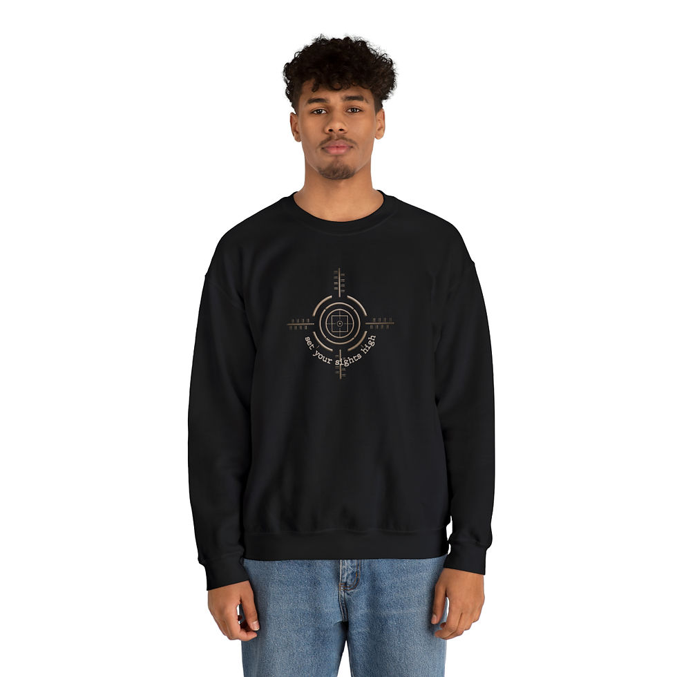Thumbnail: Man wearing black sweatshirt with text, Set Your Sights High Unisex Crewneck Sweatshirt. indiemusictees