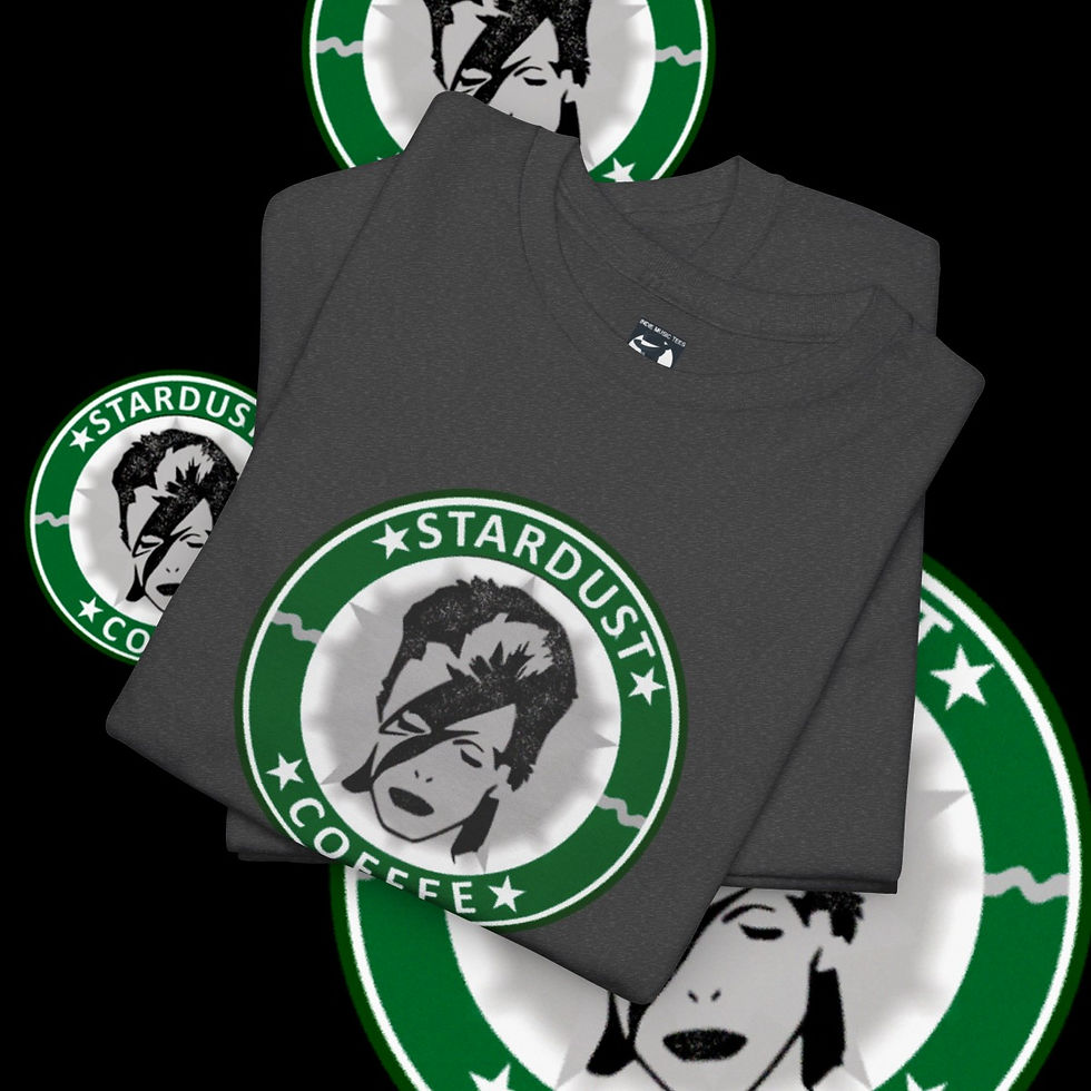 David Bowie Stardust Coffee t-shirt, black, folded. Indiemusictees sells rock and roll apparel.