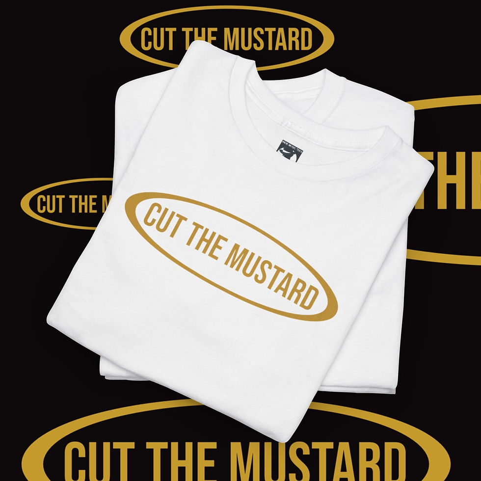 Thumbnail: White t-shirts with "CUT THE MUSTARD" logo folded. Cut the mustard indiemusictees.