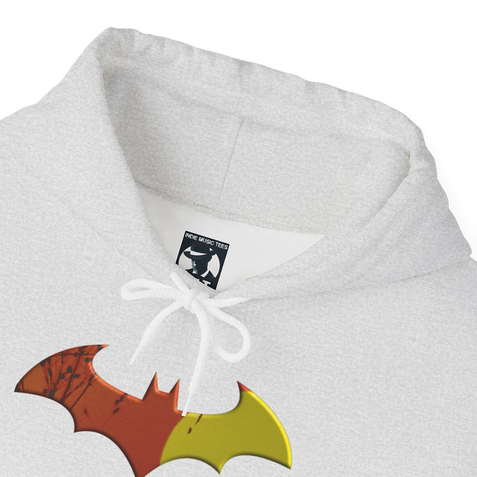 Thumbnail: Close-up of a white hoodie with a bat logo indiemusictees. 