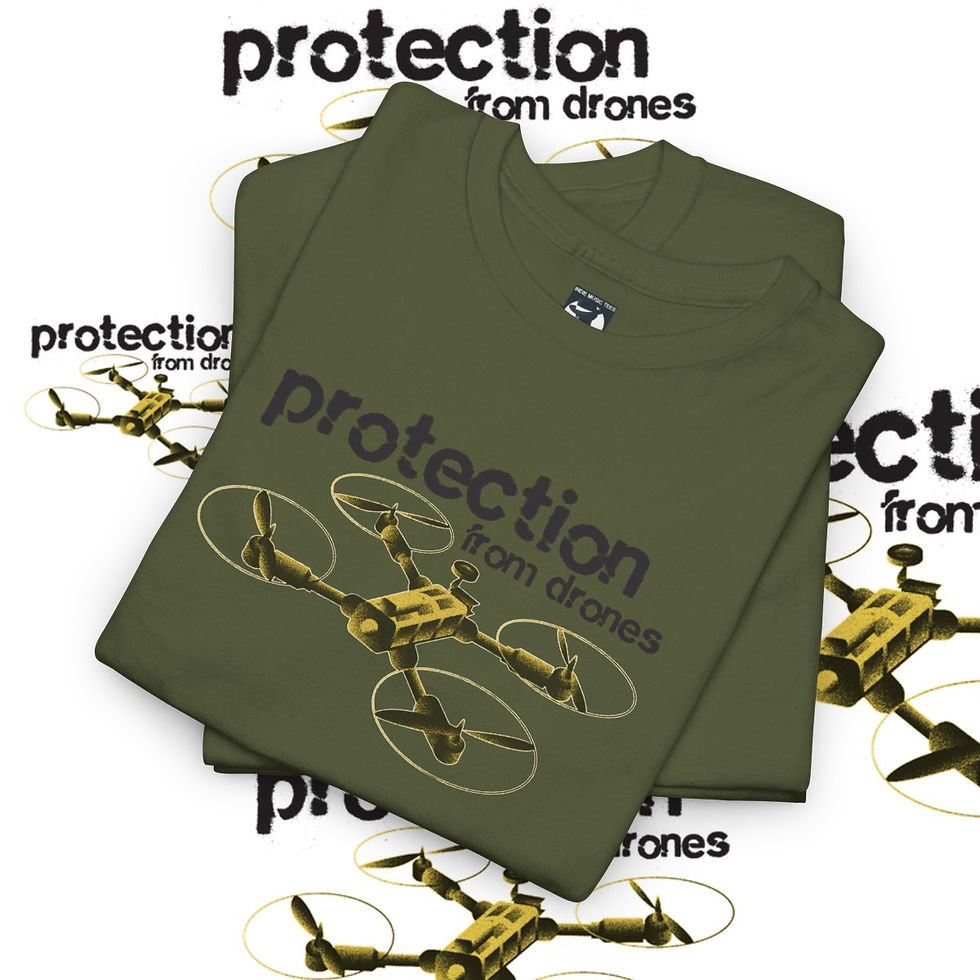 Thumbnail: Green Protection from Drones t-shirt with drone graphic. Carnaby Street Unisex tshirt.