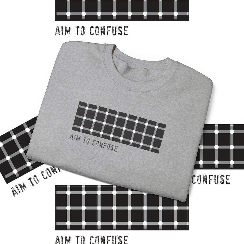 Thumbnail: Gray t-shirt with AIM TO CONFUSE text and geometric design, indiemusictees.
