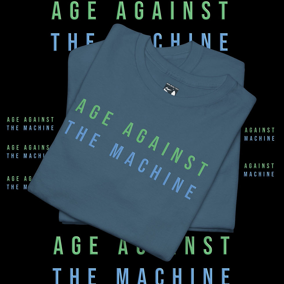 Thumbnail: Teal t-shirt with print: AGE AGAINST THE MACHINE. indiemusictees A Porky Prime Cut tshirt
