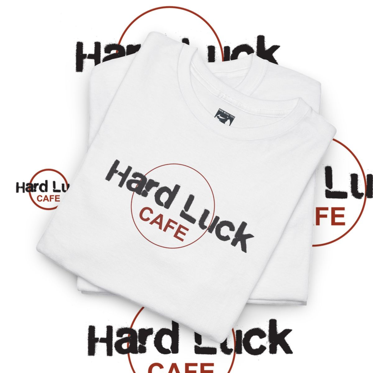 White Hard Luck Cafe Unisex tshirt, classic logo. Great for hard rock fans.
