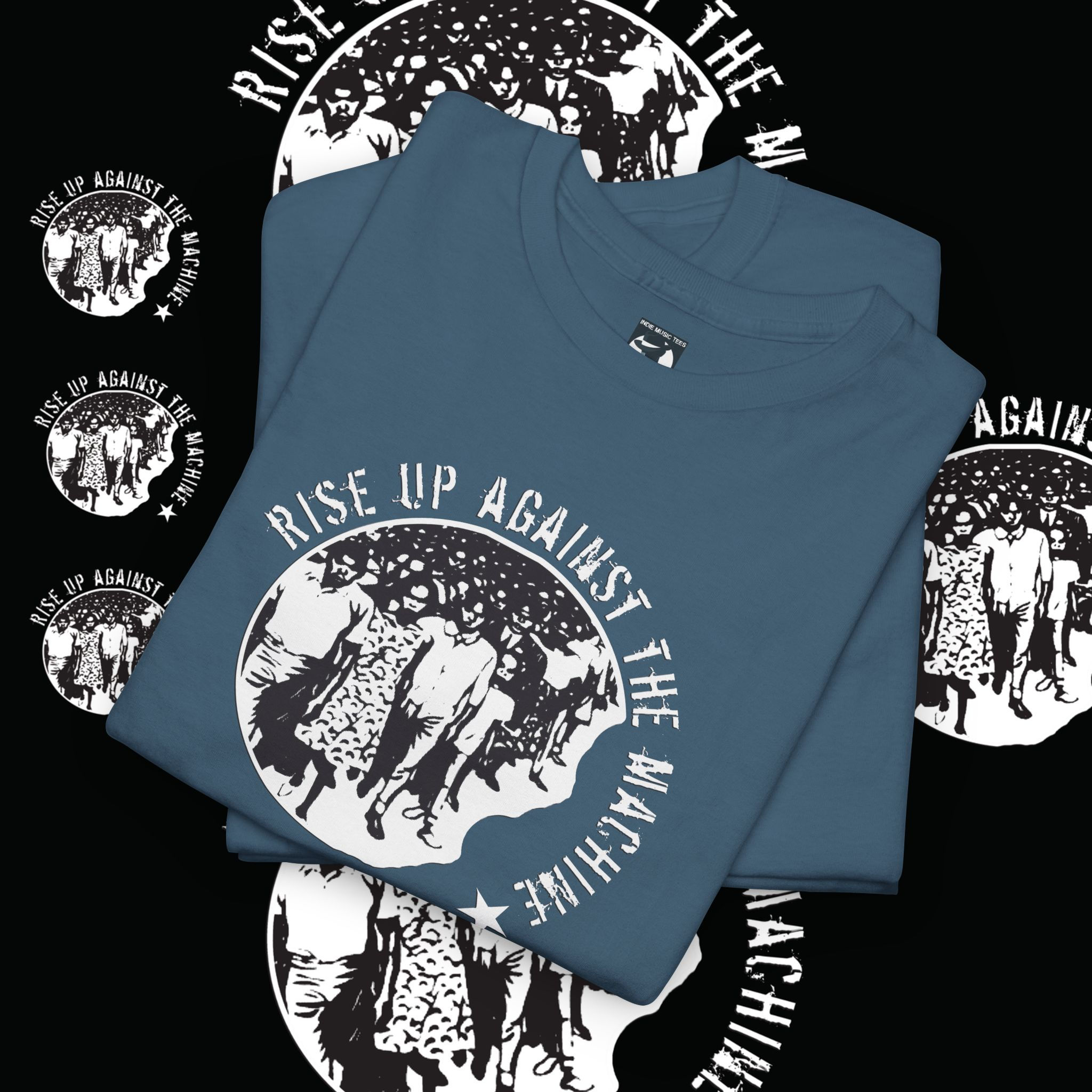 Blue t-shirt with Rise Up Against The Machine logo and band design. indiemusictees