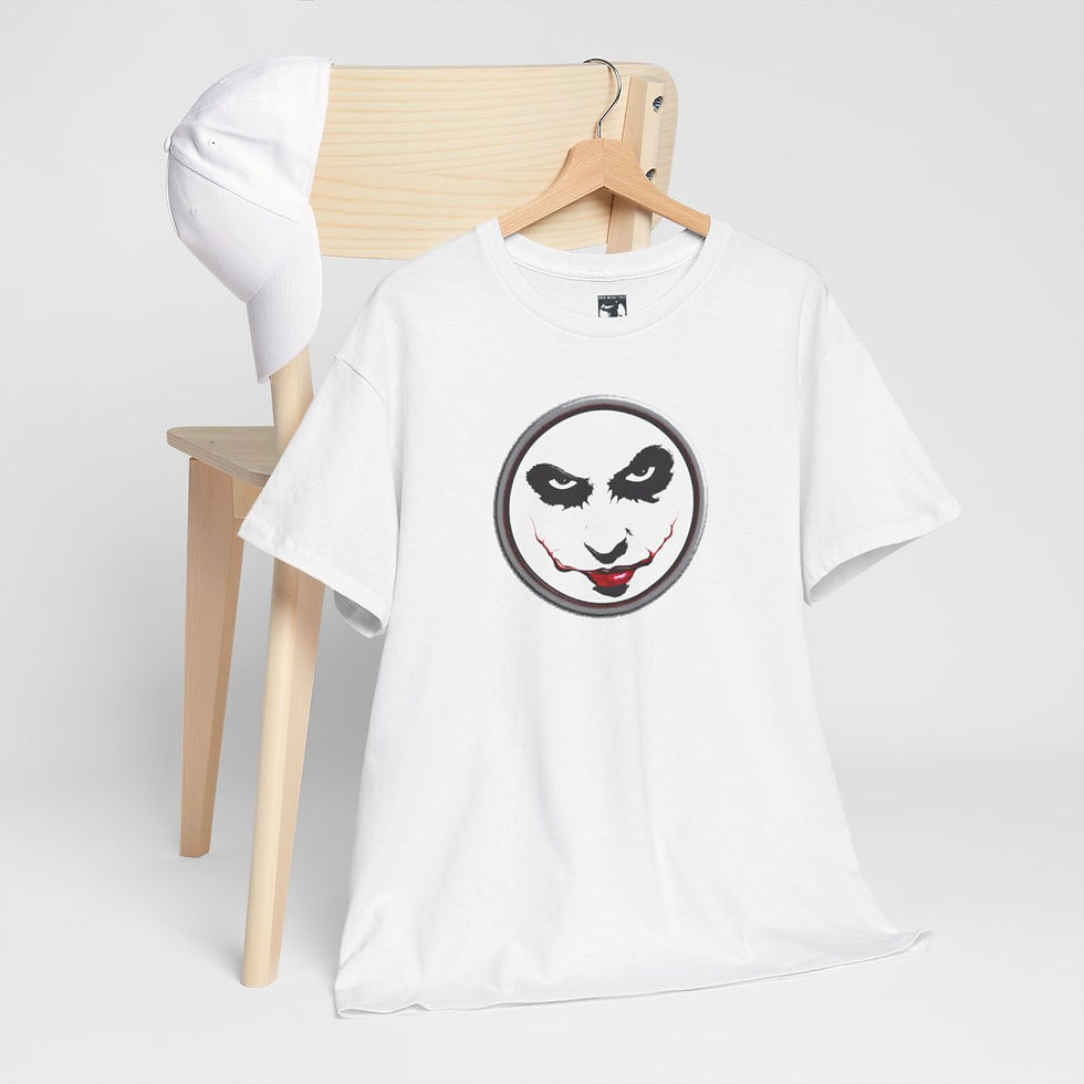 Thumbnail: White t-shirt with Joker face Smiling, hanging on chair, headphones tshirt indiemusictees