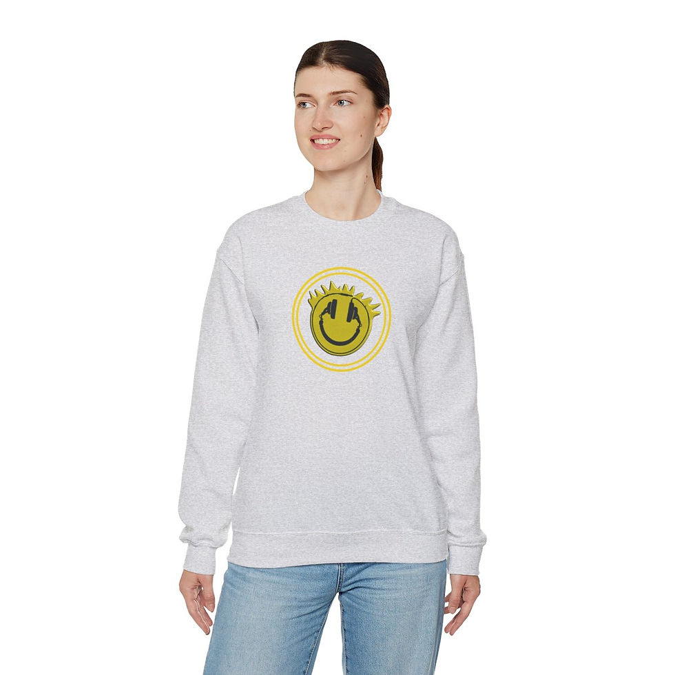 Thumbnail: Woman wearing smiley face sweatshirt smiling You Wouldn't Steal Unisex tshirt indiemusictees.