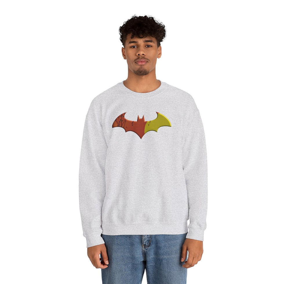 Thumbnail: Man wearing a white sweatshirt with a two-tone bat graphic indiemusictees