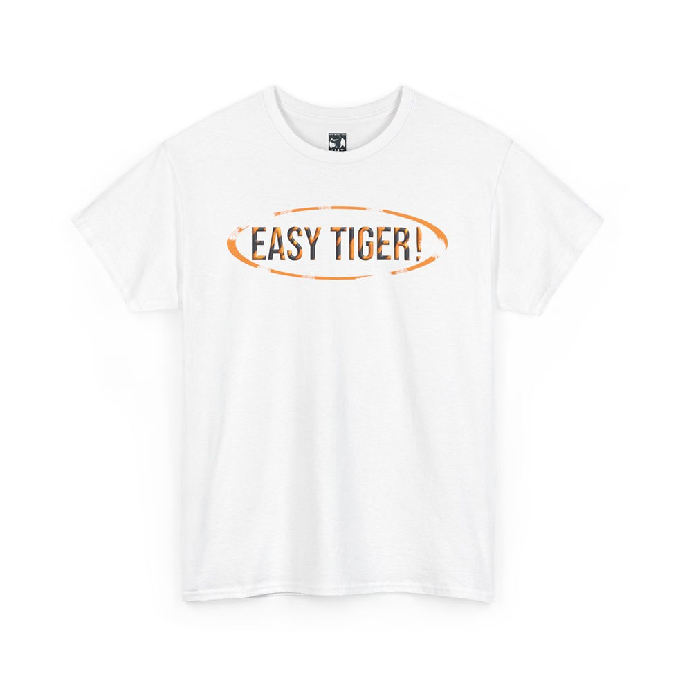 Thumbnail: White Easy Tiger! Unisex tshirt with Easy Tiger! text and design, easy tiger tshirt indiemusictees