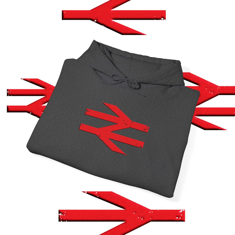 Thumbnail: British Rail logo on a black shirt, surrounded by red arrows, indiemusictees.