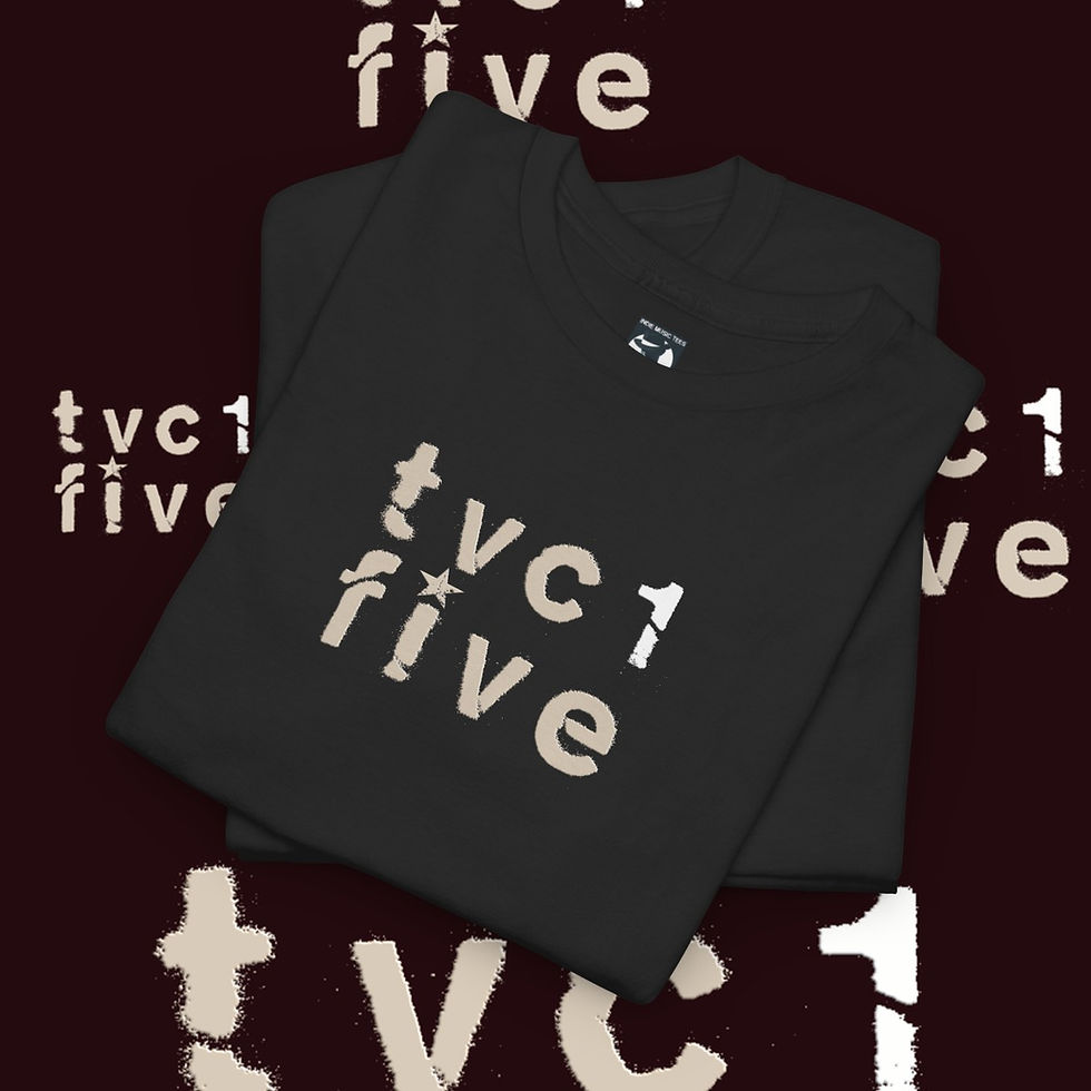 Thumbnail: Black Tvc1 Five t-shirt with logo on display; indiemusictees apparel.