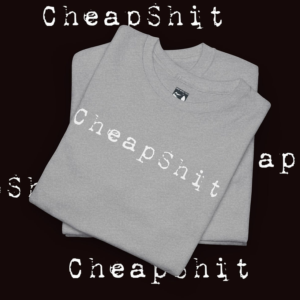 Thumbnail: Grey CheapShit t-shirts stacked; CheapShit apparel, indiemusictees blog tshirt.