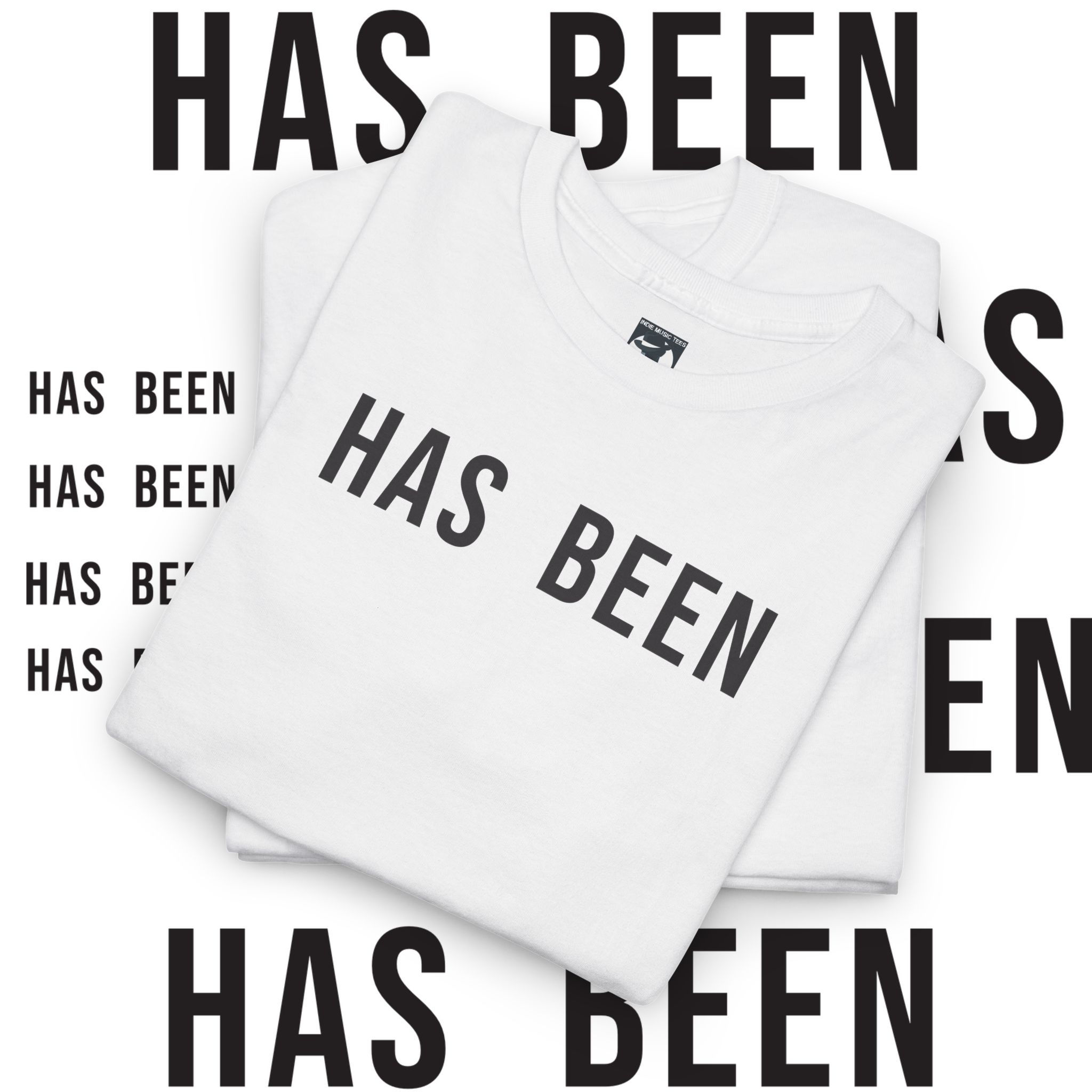 White t-shirt with "HAS BEEN" text, 1976 Unisex Premium Long Sleeved tshirt.